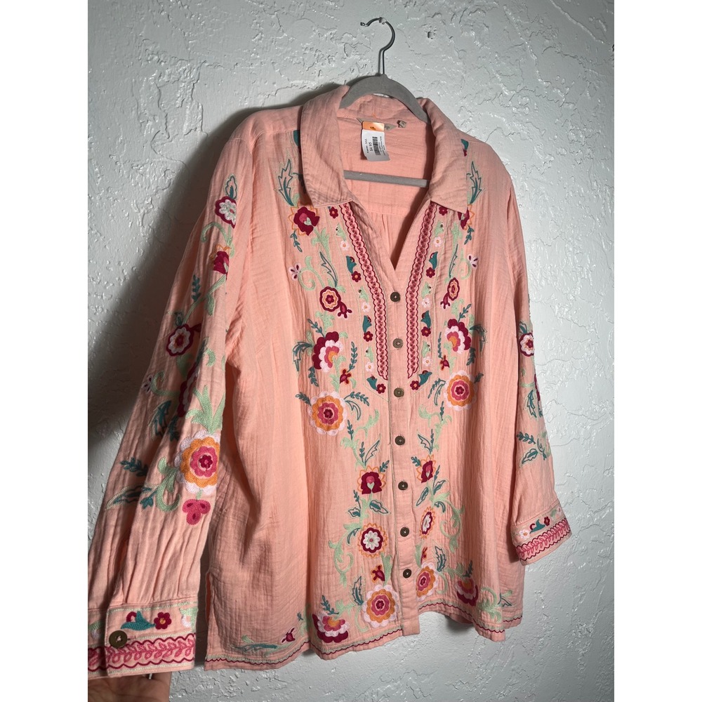 Soft Surroundings Altura Tunic 3X Coral Floral Embroidered Gauze Boho Blouse - Picture 2 of 6